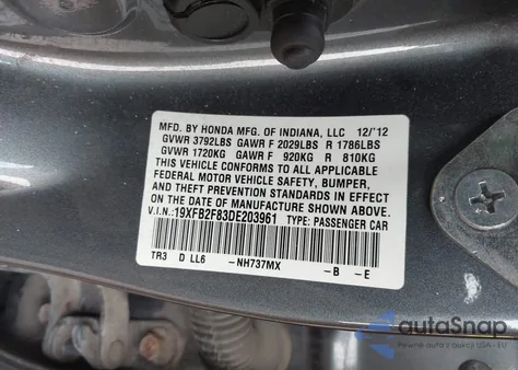 2013 Honda Civic Ex z USA, uszkodzony, nr VIN 19XFB2F83DE203961